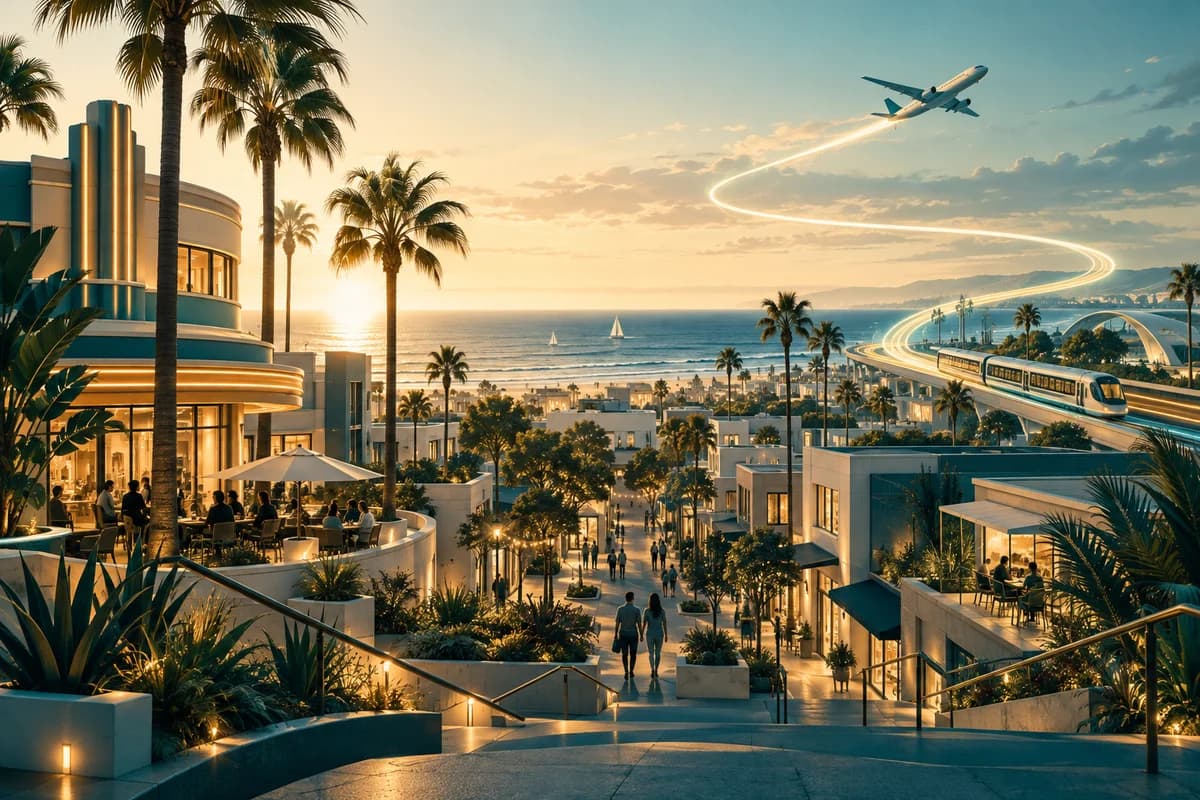 Imagined teal and sand coastal downtown with palms, a theater and luminous travel connections. Concept artwork, not a real aerial view or transit map.